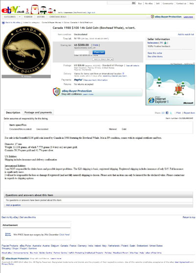 bulacawa's eBay Listing Using our 1988 Canadian Gold Proof $100 Canadian Bowhead Whale Commemorative Coin Photographs